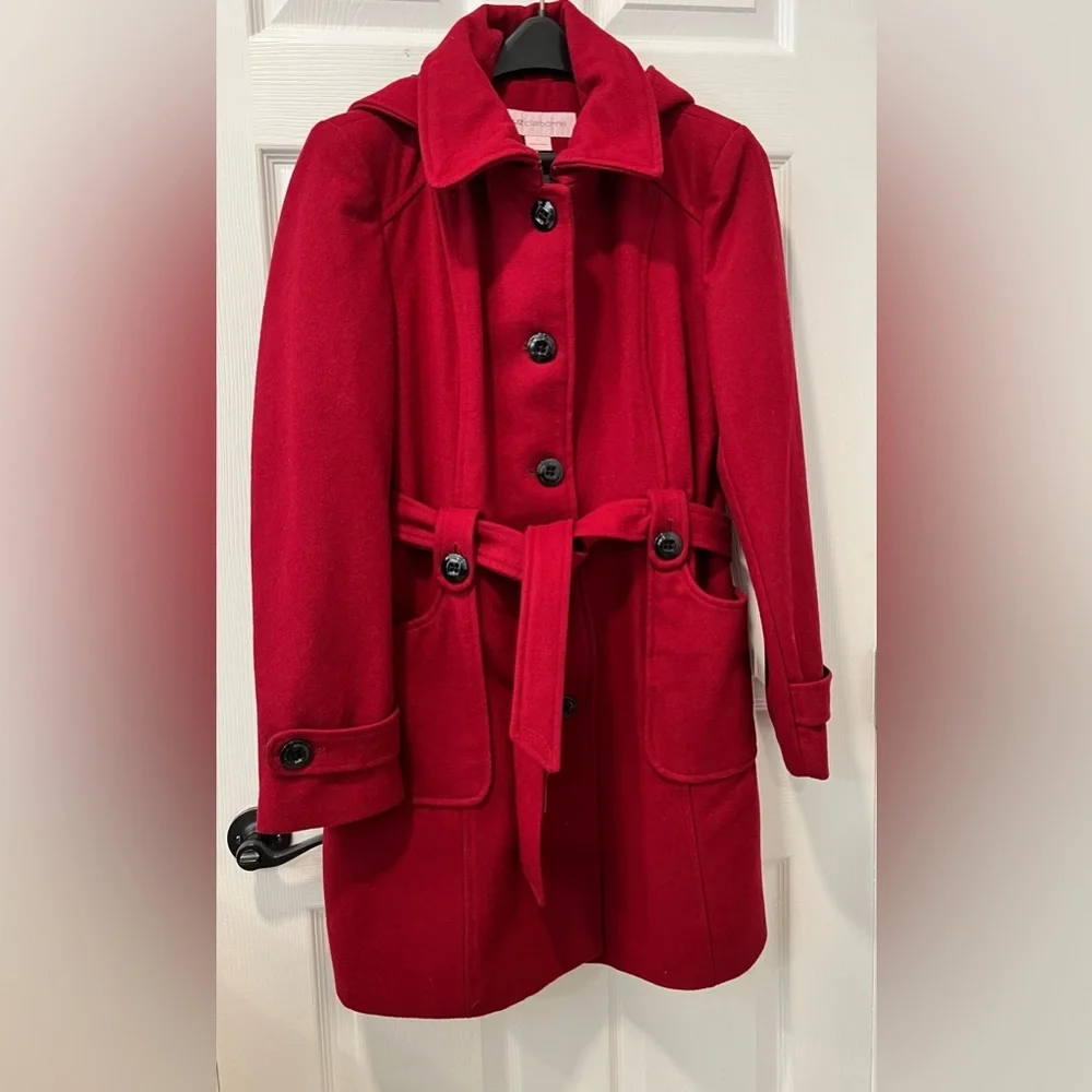 Liz Clairborne Women L Elegant Burgundy Red Peacoat/Winter Coat  Wool Blend Hood